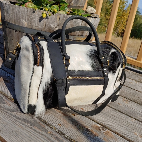 handmade Handbags - Genuine Black White Cowhide Small mini Duffel Travel Bag Leather New